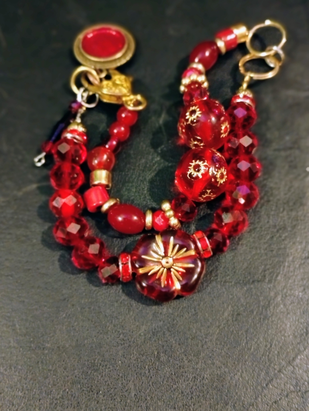 Hand Crafted Red Multi-Strand Beaded Bracelet with Gold Accents